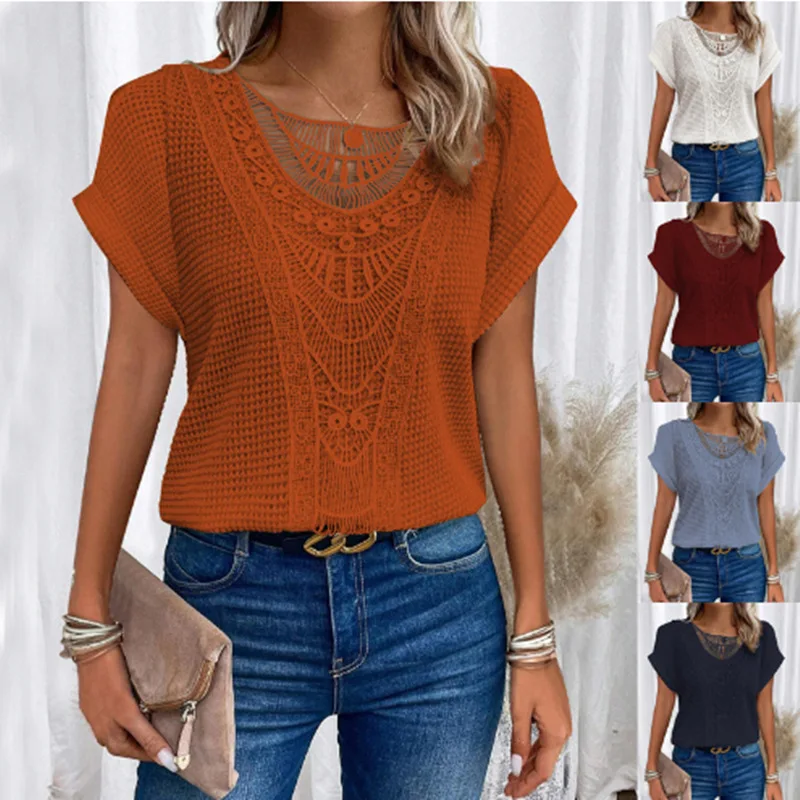 Fashion Lace Stitching T-shirt For Women's Tops Summer Casual Round Neck Office Ladies Clothes Short-sleeved Loose Tees Women
Fashion Lace Stitching T-shirt For Women's Tops Summer Casual Round Neck Office Ladies Clothes Short-sleeved Loose Tees Women