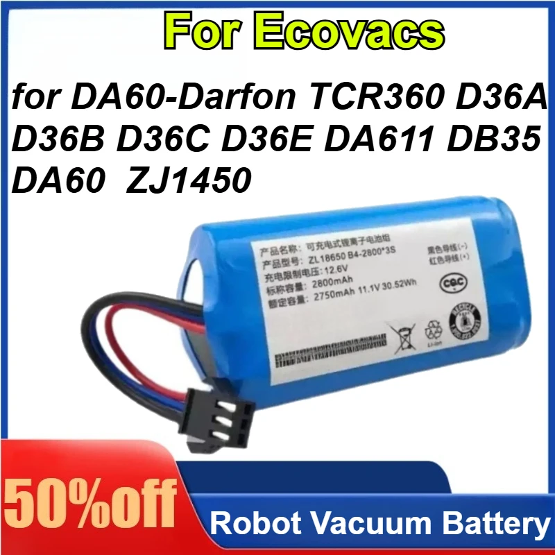 Аккумулятор для робота-пылесоса Ecovacs 2800/3400 мАч для моделей DA60-Darfon TCR360 D36A D36B D36C D36E DA611 DB35 DA60 ZJ1450
Аккумулятор для робота-пылесоса Ecovacs 2800/3400 мАч для моделей DA60-Darfon TCR360 D36A D36B D36C D36E DA611 DB35 DA60 ZJ1450
