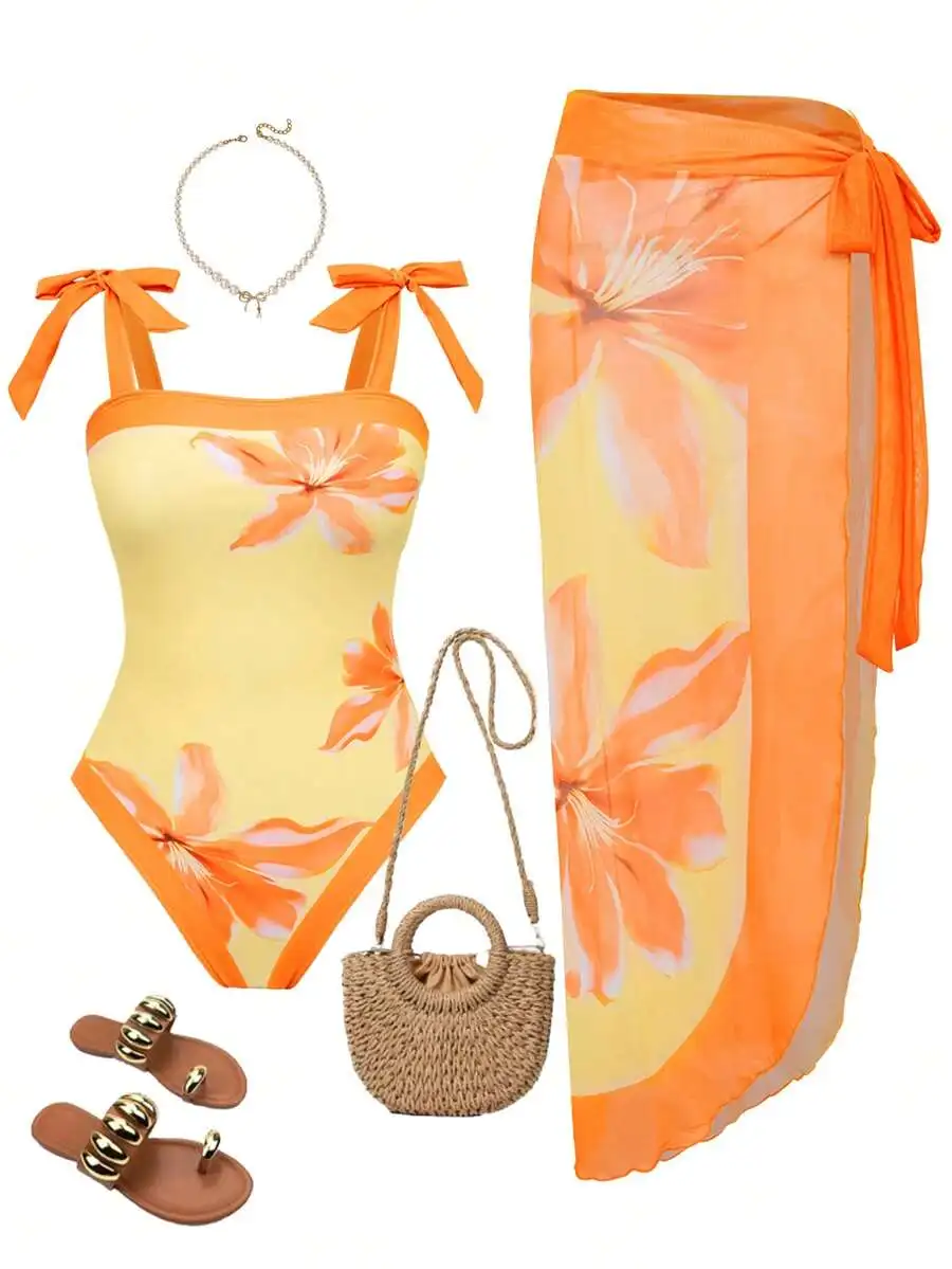 Women Floral Print One Piece Swimsuit With Tie Waist Beach Skirt Set Summer
Women Floral Print One Piece Swimsuit With Tie Waist Beach Skirt Set Summer