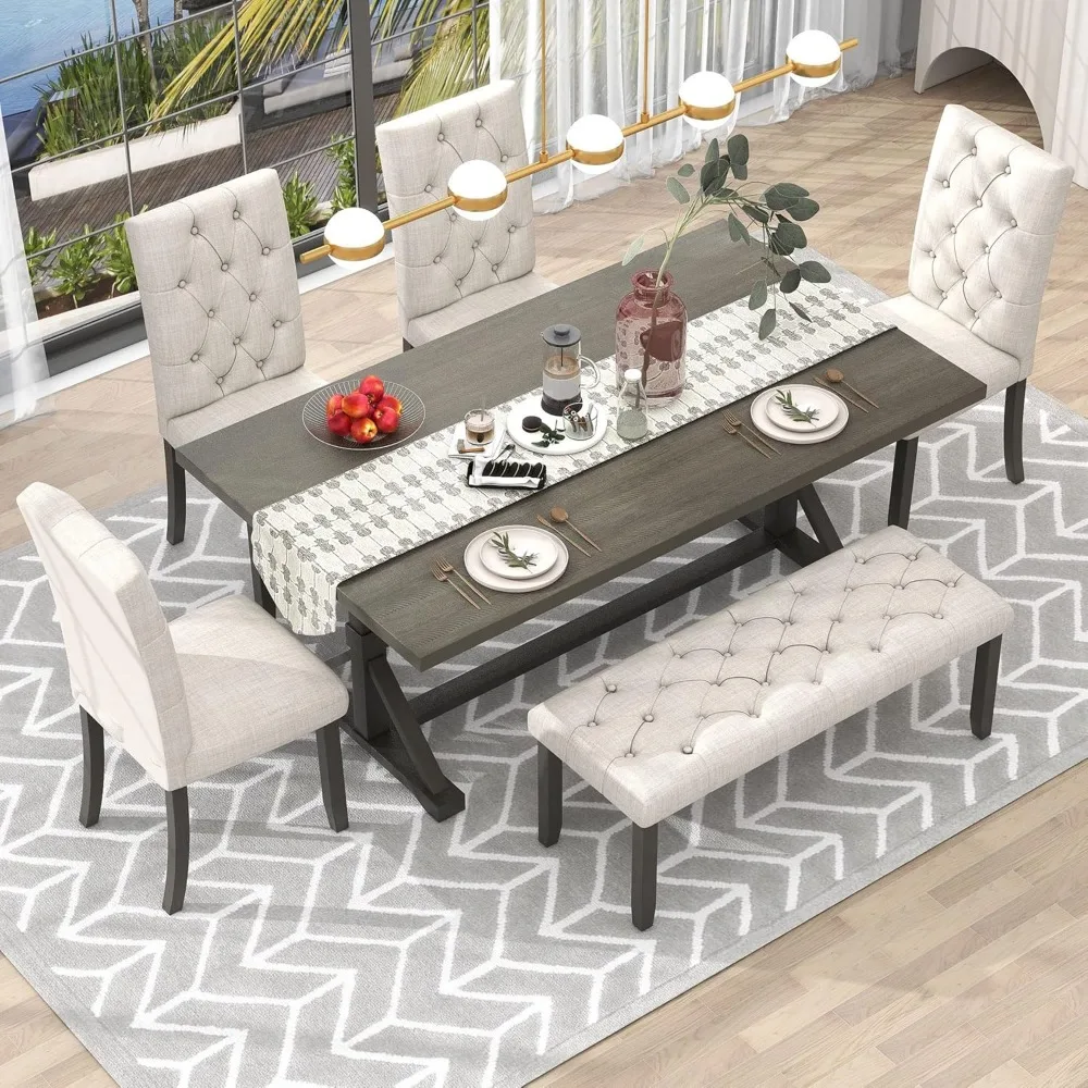 6 Piece Kitchen Dining Table Set,Wooden Table with 4 Upholstered Chairs and a Bench, Dining Room Table Set,Living Room Furniture
6 Piece Kitchen Dining Table Set,Wooden Table with 4 Upholstered Chairs and a Bench, Dining Room Table Set,Living Room Furniture
