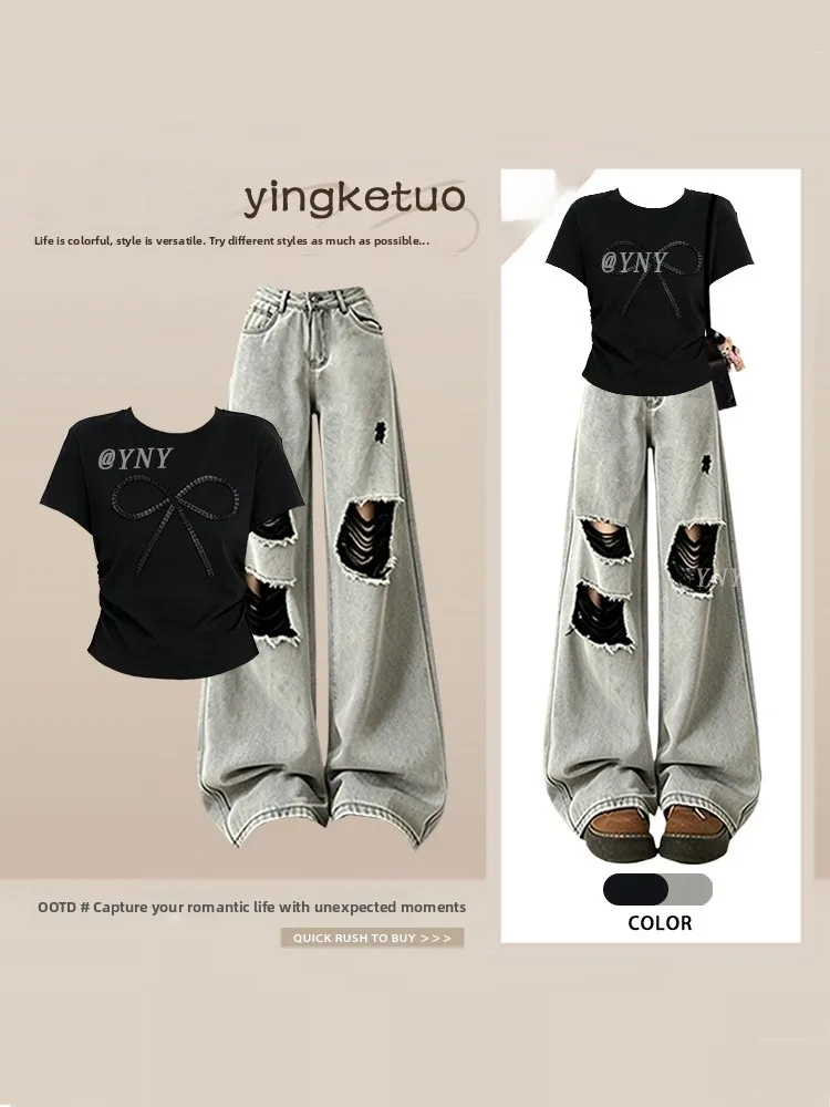 Summer Vintage Print Short Sleeve round Neck Denim Pants Women's Sweet Cool Hole High Street Style Two-Piece Set Kn...
Summer Vintage Print Short Sleeve round Neck Denim Pants Women's Sweet Cool Hole High Street Style Two-Piece Set Kn...
