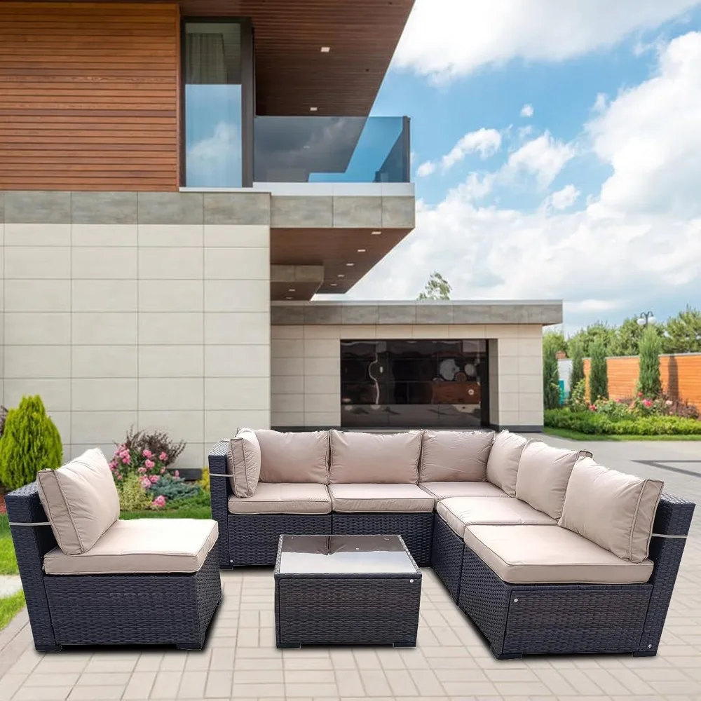 7 Pieces Outdoor Wicker Furniture Set, Rattan Sectional Set with Coffee Table, Pillows, 8CM Cushions, Rattan Corner Sofa Convers
7 Pieces Outdoor Wicker Furniture Set, Rattan Sectional Set with Coffee Table, Pillows, 8CM Cushions, Rattan Corner Sofa Convers