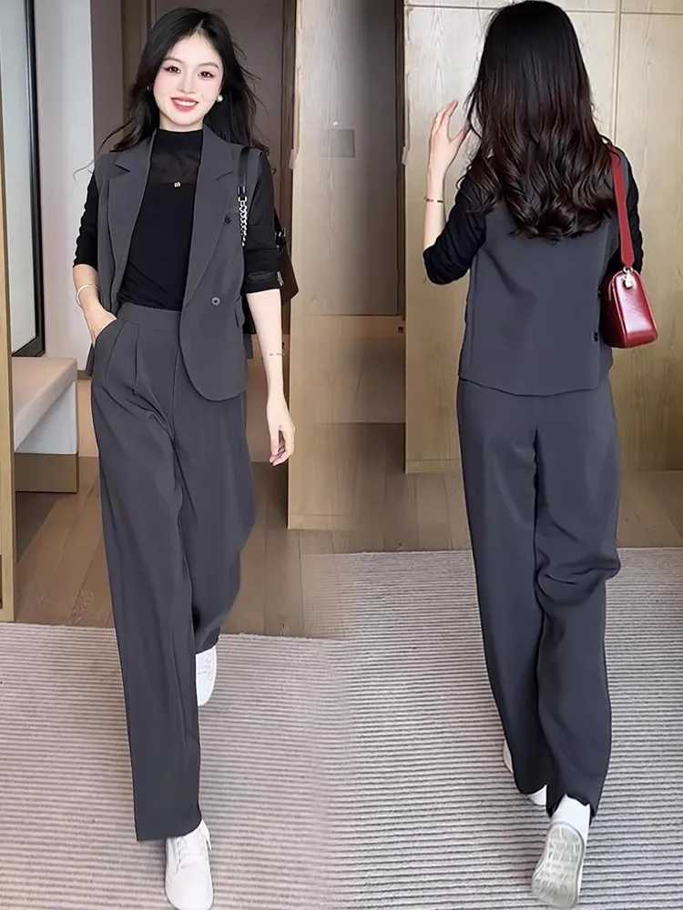 Fashionable Women's Autumnal Slimming Sleeveless Suit Set Wide Leg Pants Top And Vest Three Piece Ensemble Elegant Style
Fashionable Women's Autumnal Slimming Sleeveless Suit Set Wide Leg Pants Top And Vest Three Piece Ensemble Elegant Style