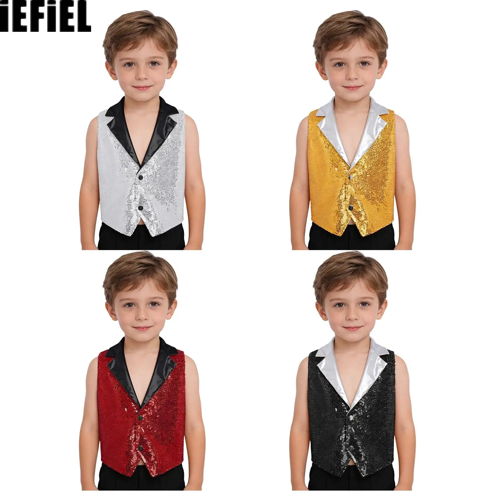 Kids Boys Sparkling Sequin Jazz Tops Metallic Lapel Collar Sleeveless Press Button Asymmetrical Hem Dance Tops
Kids Boys Sparkling Sequin Jazz Tops Metallic Lapel Collar Sleeveless Press Button Asymmetrical Hem Dance Tops