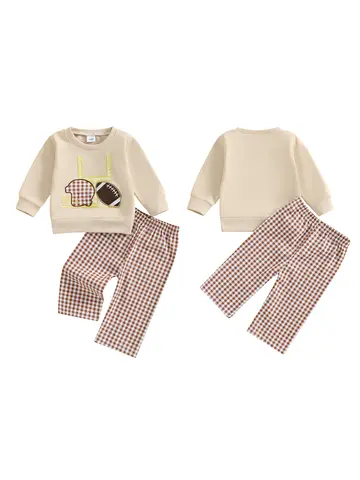 Infant Boy Soccer Jersey Football Print Raglan Sleeve Tee Plaid Drawstring Joggers 2pc Outfit Set for Toddlers