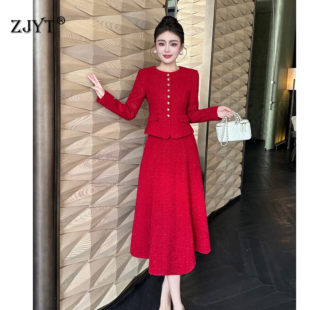 ZJYT Autumn Winter New Women Tweed Woolen Jacket and Skirt Suit 2 Piece Matching Sets Fashion Long Sleeve Red Black Party Outfit
ZJYT Autumn Winter New Women Tweed Woolen Jacket and Skirt Suit 2 Piece Matching Sets Fashion Long Sleeve Red Black Party Outfit