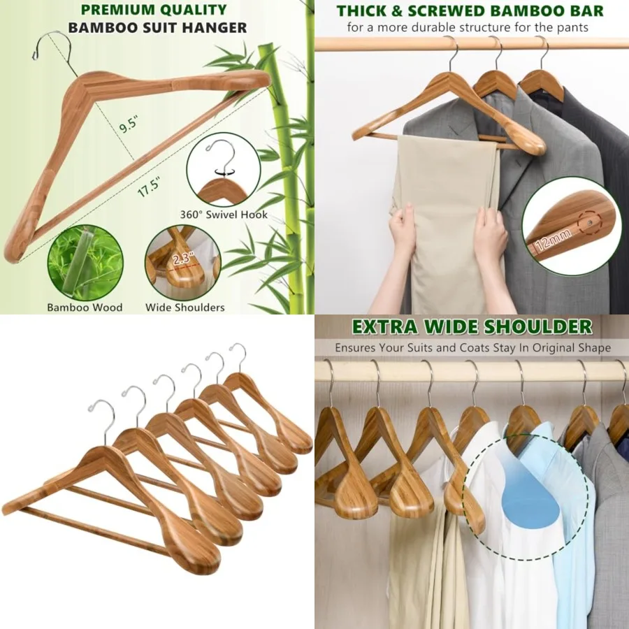 6 Pack Wide Shoulder Wooden Suit Coat Hangers, Clothes Hangers with Pants Bar, Heavy Duty Jacket Hangers for Dress, Pants, Heav
6 Pack Wide Shoulder Wooden Suit Coat Hangers, Clothes Hangers with Pants Bar, Heavy Duty Jacket Hangers for Dress, Pants, Heav