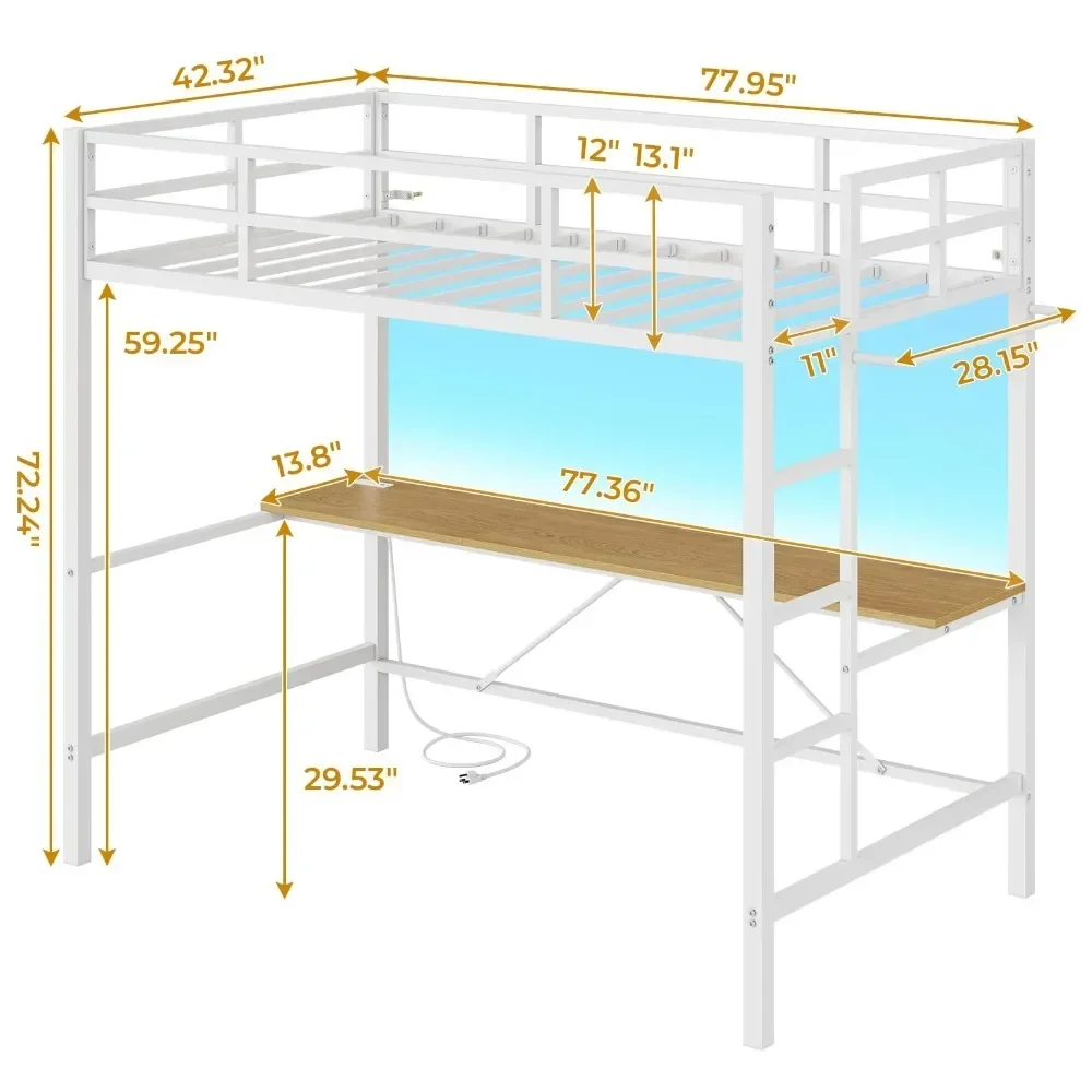Loft Bed Twin Size with Desk and Stairs for Kids, Twin Metal Loft Bed Frame with Charging Station & LED Lights & Safety Guard
Loft Bed Twin Size with Desk and Stairs for Kids, Twin Metal Loft Bed Frame with Charging Station & LED Lights & Safety Guard