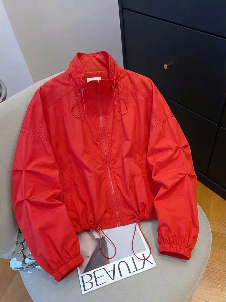 Red Casual Lightweight Stand Collar Drawstring Waist Short Length Loose Fit Sun Protection Shirt for Women Summer Season
Red Casual Lightweight Stand Collar Drawstring Waist Short Length Loose Fit Sun Protection Shirt for Women Summer Season