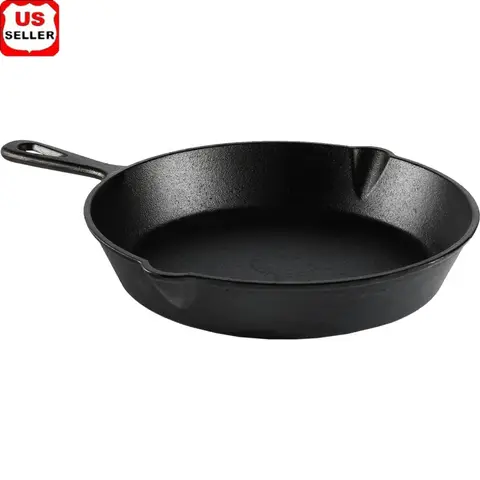 Pre-Seasoned Cast Iron Skillet 10.5 Inch Heat Distribution Versatile Cooking Nonstick Surface Campfire Safe Easy Drain Pour