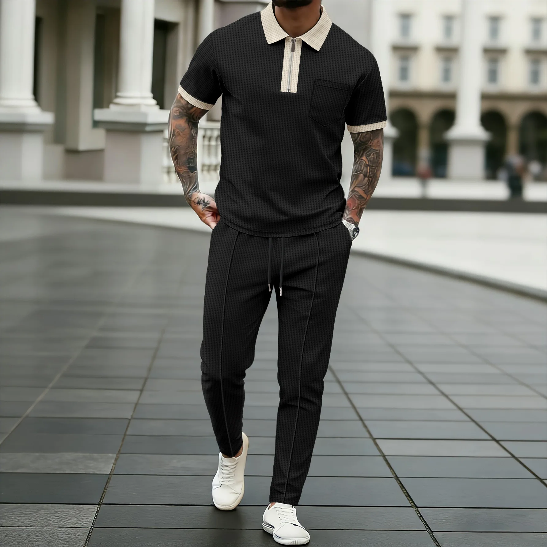 Men's Contrast Trim Waffle Knit 2 Piece Tracksuit | Zip Collar Polo Shirt & Drawstring Pants Set for Streetwear
Men's Contrast Trim Waffle Knit 2 Piece Tracksuit | Zip Collar Polo Shirt & Drawstring Pants Set for Streetwear