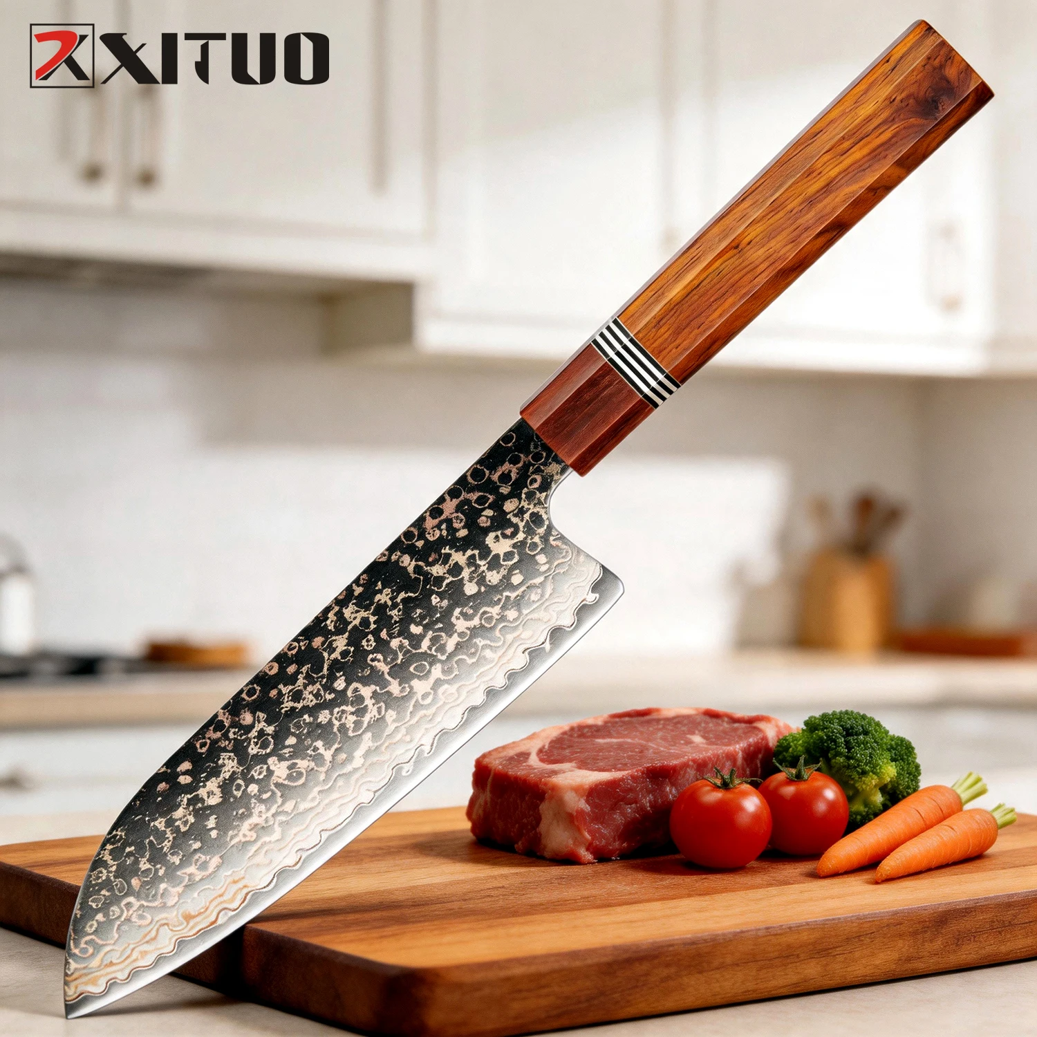 XITUO Santoku knife 7 Inch, 37-layer Copper Damascus Steel Sharp Kitchen Cooking Knife for Cut Vegetables, Meat, Rosewood Handle
XITUO Santoku knife 7 Inch, 37-layer Copper Damascus Steel Sharp Kitchen Cooking Knife for Cut Vegetables, Meat, Rosewood Handle
