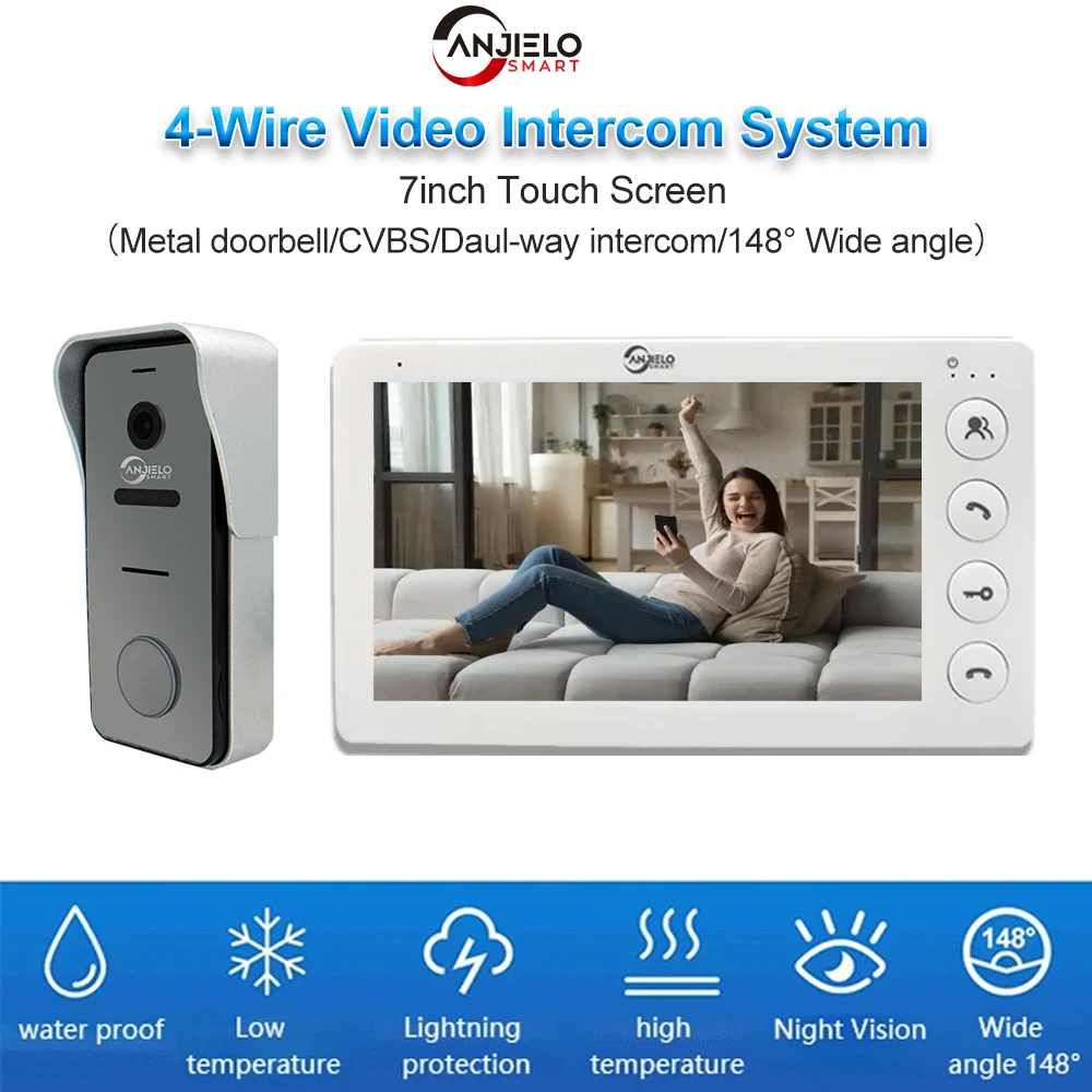 ANJIELO 7-inch 4-wire video doorbell system with night vision 148° wide-angle lens AHD 1080P camera Safety protection
ANJIELO 7-inch 4-wire video doorbell system with night vision 148° wide-angle lens AHD 1080P camera Safety protection