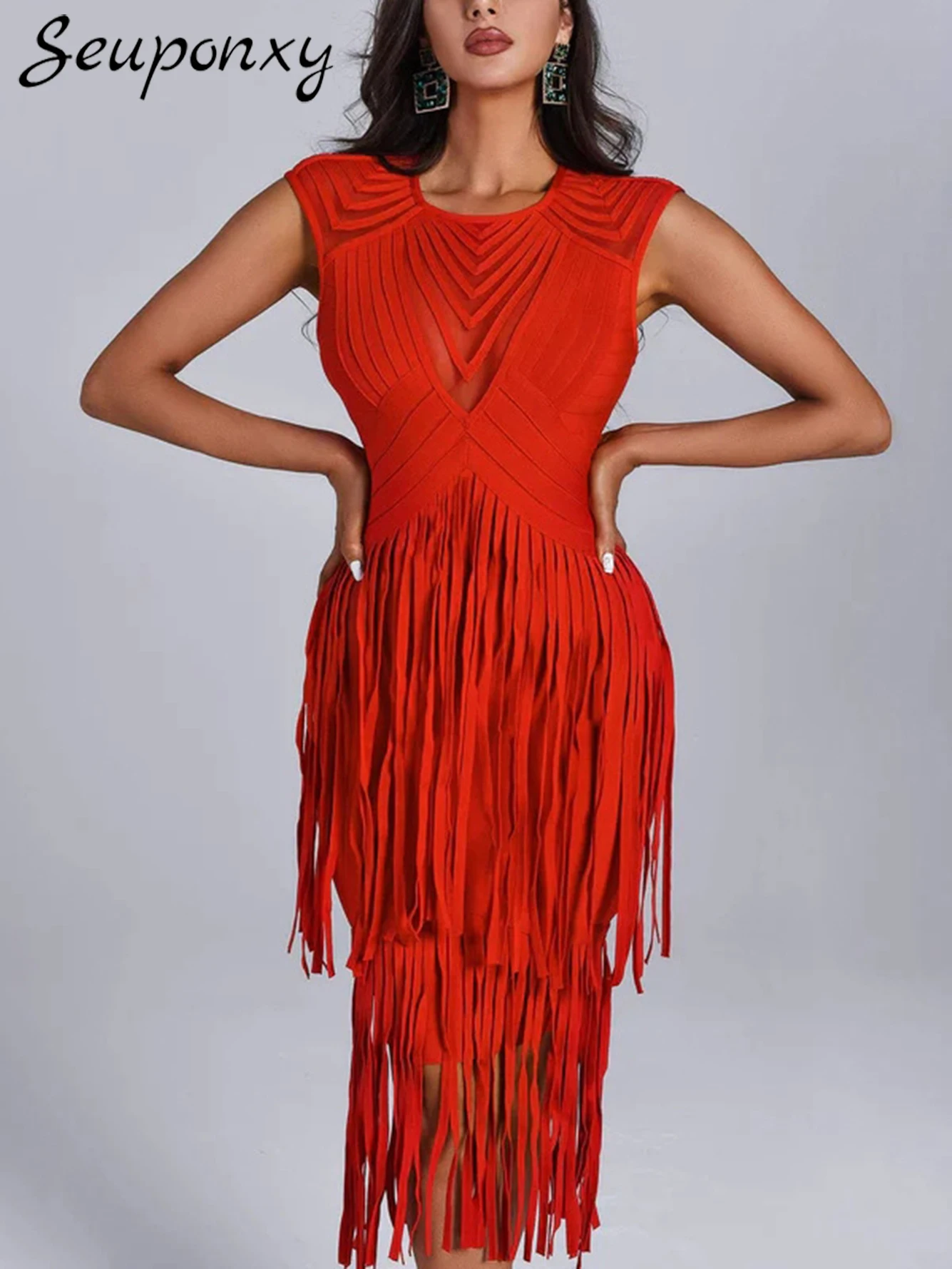 High Quality Women'S Sexy Sleeveless O-Neck Backless Tassel Mesh Bandage Dress 2023 Elegant Evening Club Party Dress Vestidos
High Quality Women'S Sexy Sleeveless O-Neck Backless Tassel Mesh Bandage Dress 2023 Elegant Evening Club Party Dress Vestidos