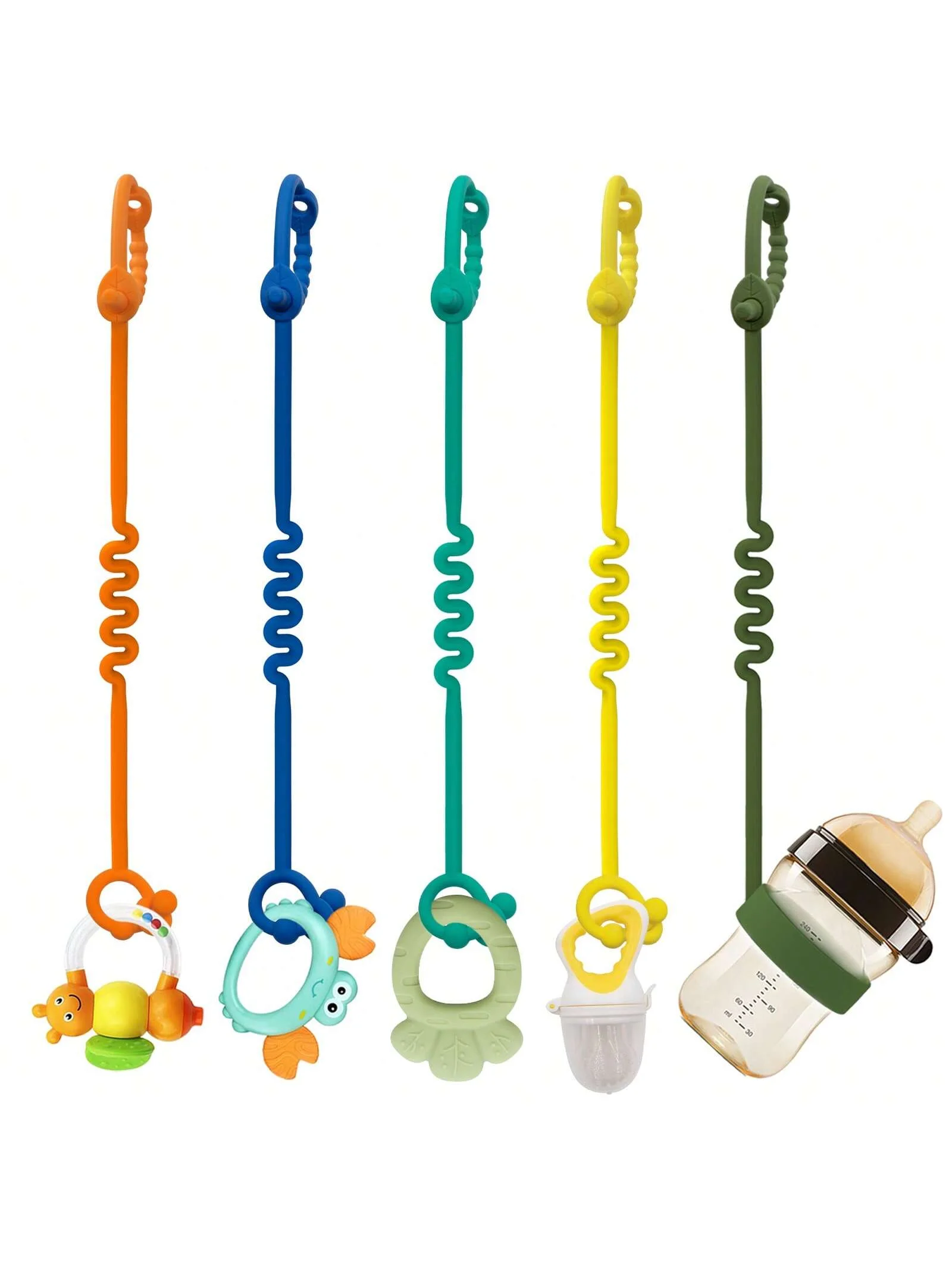 5PK Silicone Toy Strap. Long adjustable leash for bottles & pacifiers. Durable, snap-proof & fits strollers or car seats.
5PK Silicone Toy Strap. Long adjustable leash for bottles & pacifiers. Durable, snap-proof & fits strollers or car seats.