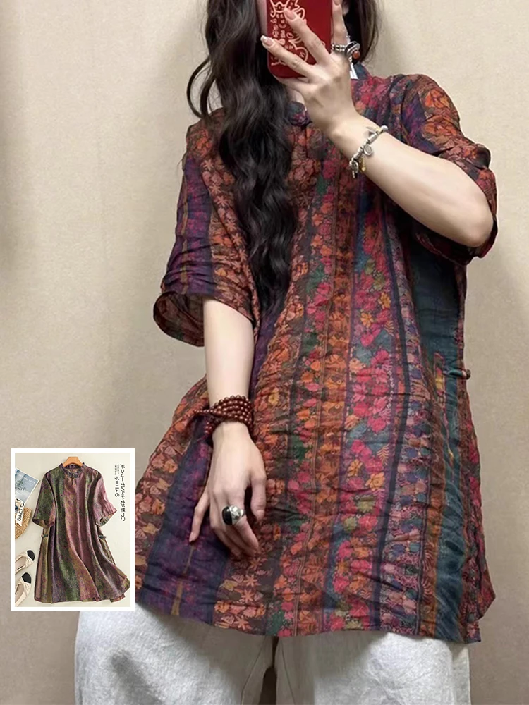 Женское платье миди большого размера в китайском стиле в стиле ретро с боковым разрезом и воротником-стойкой, летнее свободное платье с цветочным принтом 
Женское платье миди большого размера в китайском стиле в стиле ретро с боковым разрезом и воротником-стойкой, летнее свободное платье с цветочным принтом