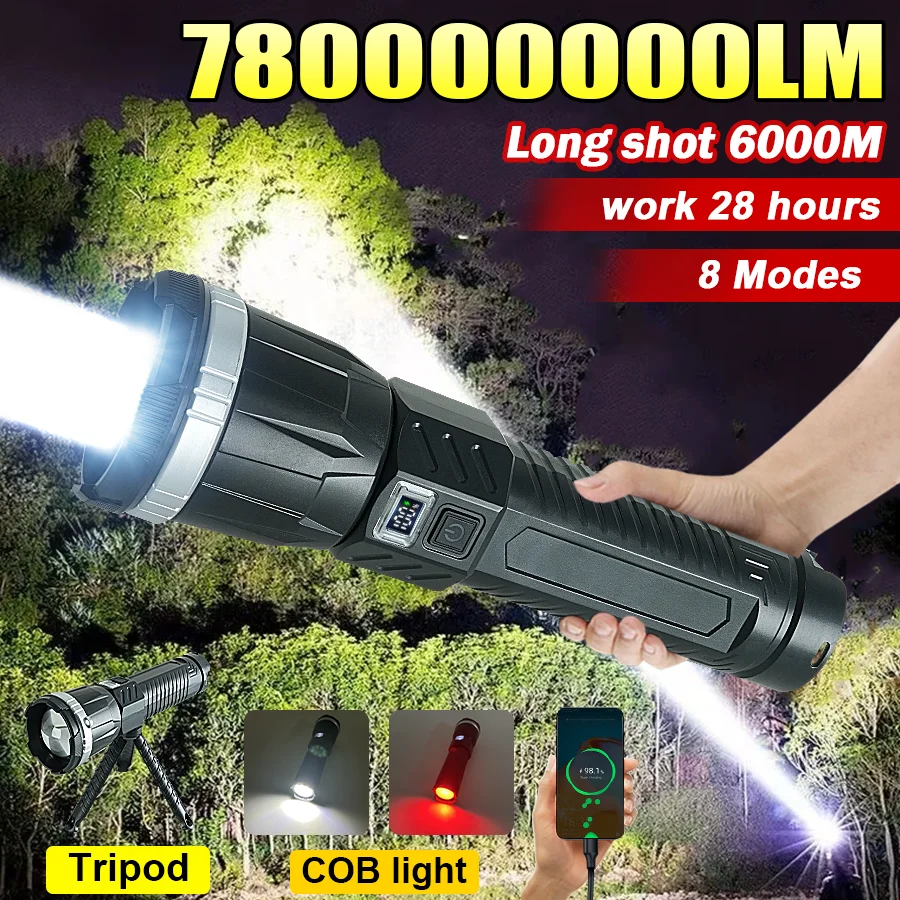 780000000LM Super Powerful Flashlight Rechargeable LED Tactical Torch Ultra Bright Long Range 6000M Lantern Outdoor With Stand
780000000LM Super Powerful Flashlight Rechargeable LED Tactical Torch Ultra Bright Long Range 6000M Lantern Outdoor With Stand