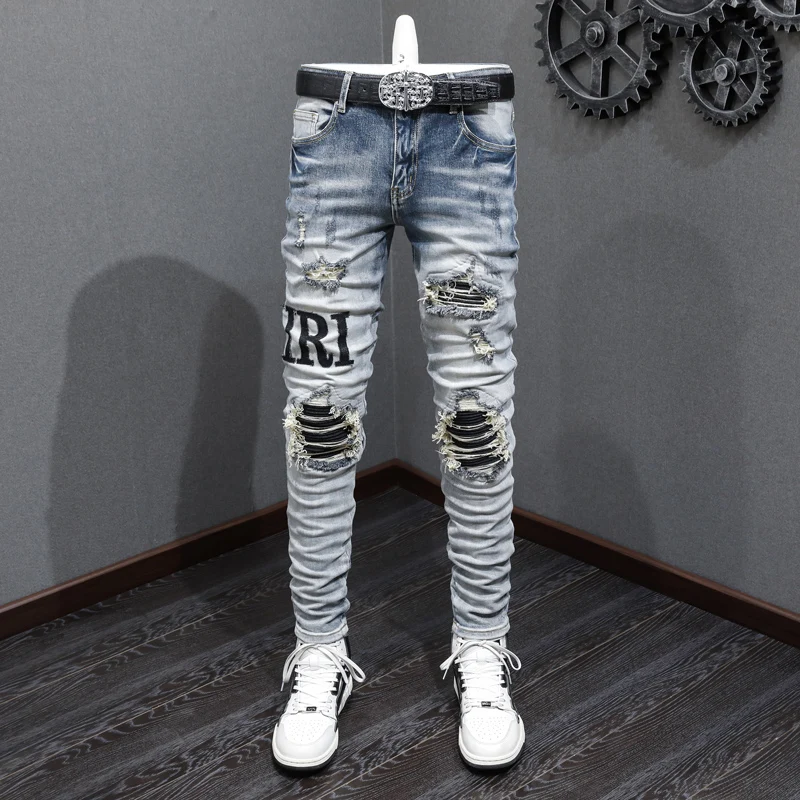 European and American designers fashion stretch slim fit ripped patch jeans. High street hip-hop brand washed light blue pants f
European and American designers fashion stretch slim fit ripped patch jeans. High street hip-hop brand washed light blue pants f
