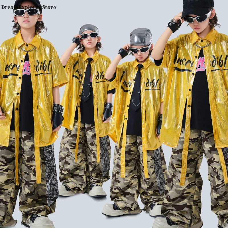 Яркая блестящая рубашка в стиле хип-хоп для мальчиков, камуфляжные штаны, уличная одежда K-pop для девочек, детские костюмы для уличных танцев, комплекты детской джазовой одежды
Яркая блестящая рубашка в стиле хип-хоп для мальчиков, камуфляжные штаны, уличная одежда K-pop для девочек, детские костюмы для уличных танцев, комплекты детской джазовой одежды