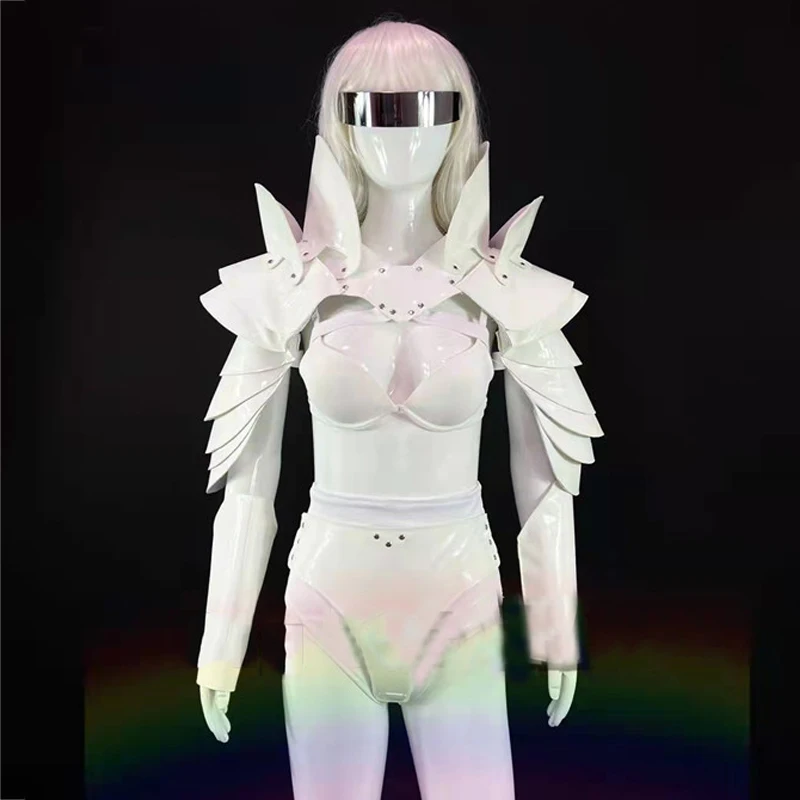 3D White Flying Shoulder Armor Bikini Technology Ds Dj Performance Women Gogo Dance Outfit Stage Party Pole Dance Costume XS3721 
3D White Flying Shoulder Armor Bikini Technology Ds Dj Performance Women Gogo Dance Outfit Stage Party Pole Dance Costume XS3721