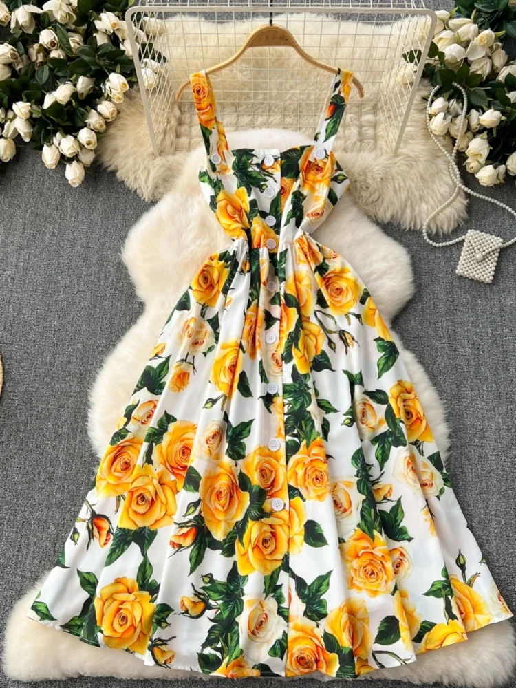 Women Vintage Elegant A-line Dress Summer Sleeveless Print Single Breasted Yellow High Waist Slim A-line Vacation Party Robe
Women Vintage Elegant A-line Dress Summer Sleeveless Print Single Breasted Yellow High Waist Slim A-line Vacation Party Robe