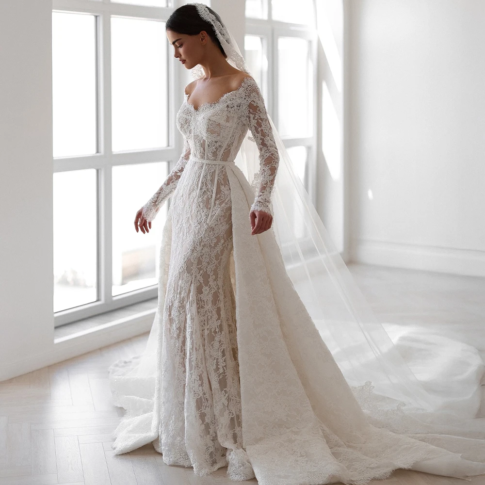 Lace Weddings Dresses 2 in 1 Long Sleeve Off Shoulder Detachable Train Elegant Bridal Gown Mermaid Church Bride Dress Customized
Lace Weddings Dresses 2 in 1 Long Sleeve Off Shoulder Detachable Train Elegant Bridal Gown Mermaid Church Bride Dress Customized