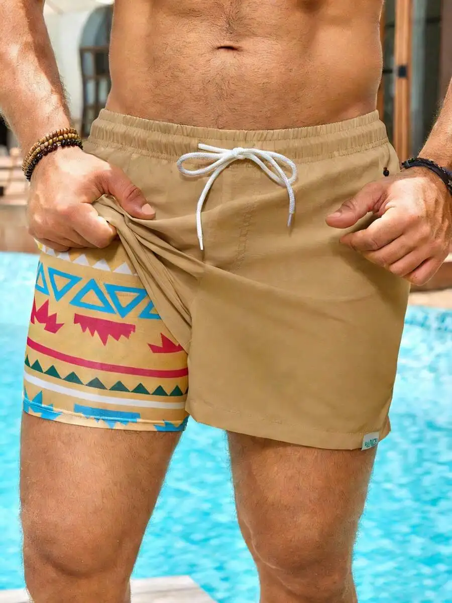 Mens Geometric Print Drawstring Waist Beach Shorts With Pocket Summer Swim Trunks
Mens Geometric Print Drawstring Waist Beach Shorts With Pocket Summer Swim Trunks