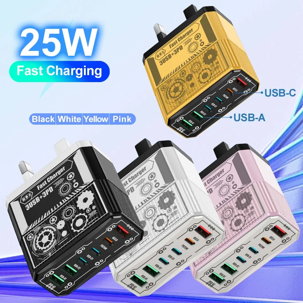 25W 3USB+3PD Charger 6 Ports Fast Charging QC3.0 Type C Mobile Phone Wall Adapter for iPhone Xiaomi Samsung EU/US/UK Plug
25W 3USB+3PD Charger 6 Ports Fast Charging QC3.0 Type C Mobile Phone Wall Adapter for iPhone Xiaomi Samsung EU/US/UK Plug