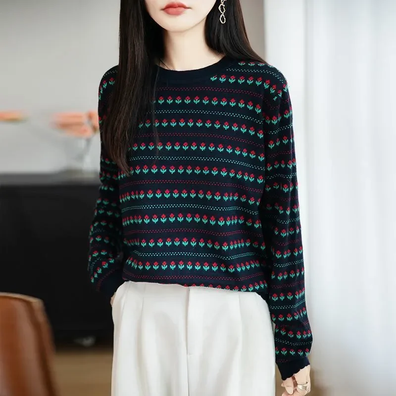 Ретро модный новый свитер с круглым вырезом для женщин, пуловер, вязаный камвольный утягивающий и уменьшающий возраст, высококачественная осенняя куртка, топ 
Ретро модный новый свитер с круглым вырезом для женщин, пуловер, вязаный камвольный утягивающий и уменьшающий возраст, высококачественная осенняя куртка, топ