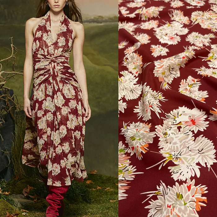 Шелковая ткань креп-дешин с цветочным принтом хризантем на бордовой основе, эластичный шелк тутового шелкопряда для платьев и блузок, ширина 140 см
Шелковая ткань креп-дешин с цветочным принтом хризантем на бордовой основе, эластичный шелк тутового шелкопряда для платьев и блузок, ширина 140 см