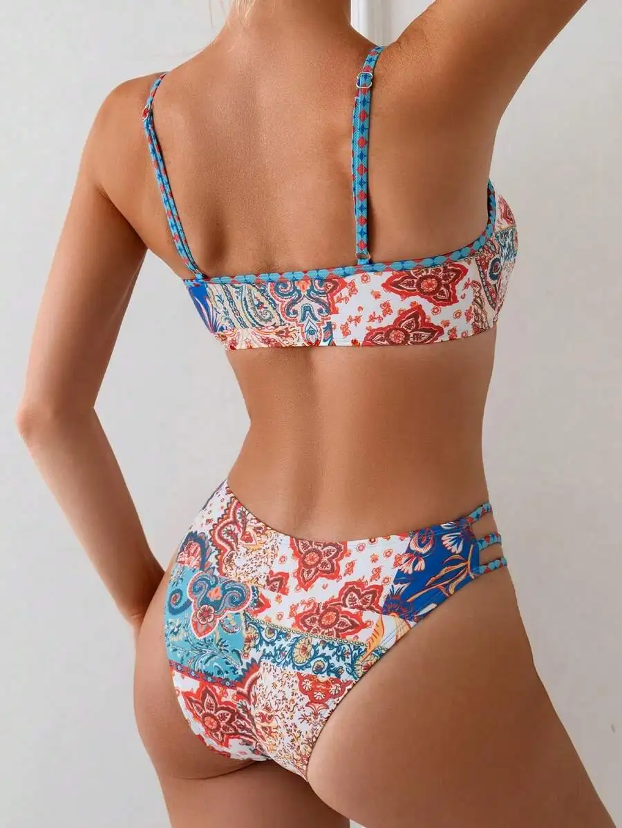 Womens Summer Boho Floral Print High-Waisted Bikini With Adjustable Straps And Side Cut-Outs
Womens Summer Boho Floral Print High-Waisted Bikini With Adjustable Straps And Side Cut-Outs