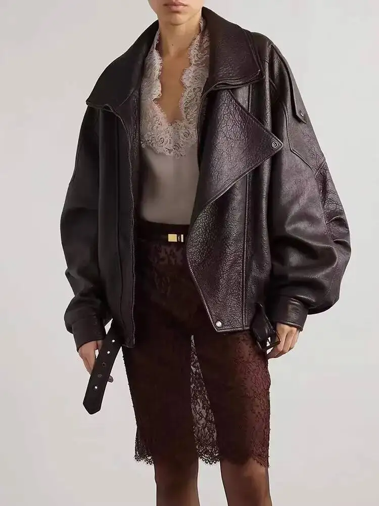 Retro PU Leather Stand Collar Jacket Women Casual Loose Large Lapel Zipper Button Belt Jackets Female Autumn Chic Street Outwear
Retro PU Leather Stand Collar Jacket Women Casual Loose Large Lapel Zipper Button Belt Jackets Female Autumn Chic Street Outwear