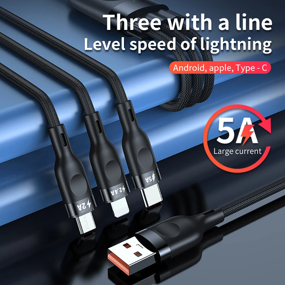 Кабель быстрой зарядки 5A 3 в 1 для Apple Android Micro usb + Lightning + Type-c
Кабель быстрой зарядки 5A 3 в 1 для Apple Android Micro usb + Lightning + Type-c