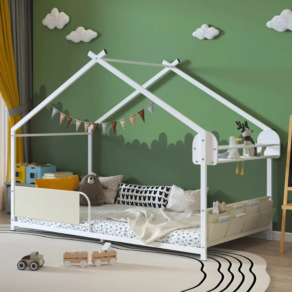 Twin Size House Floor Bed with Storage Caddy and Shelf for Kids, Sturdy Metal Bed Frame with Guardrail for Toddlers, Boys, Girls
Twin Size House Floor Bed with Storage Caddy and Shelf for Kids, Sturdy Metal Bed Frame with Guardrail for Toddlers, Boys, Girls