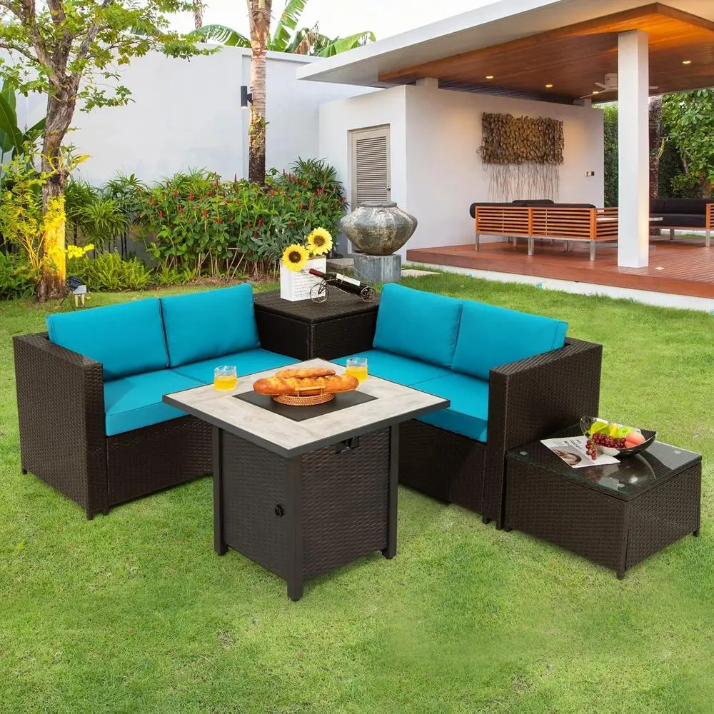 5 Piece Patio urniture Set with 30'' ire Pit Table, Outdoor Wicker Rattan Loveseat Soa with 4'' Thickened Cushions, 2 Side Table
5 Piece Patio urniture Set with 30'' ire Pit Table, Outdoor Wicker Rattan Loveseat Soa with 4'' Thickened Cushions, 2 Side Table