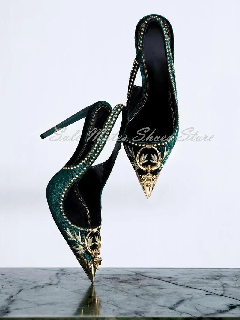 Dark Green Metal Pointed Stiletto High Heel Sandals Luxury Embroidery Buckle Design Women's Dress Shoes Back Strap Party Pumps
Dark Green Metal Pointed Stiletto High Heel Sandals Luxury Embroidery Buckle Design Women's Dress Shoes Back Strap Party Pumps