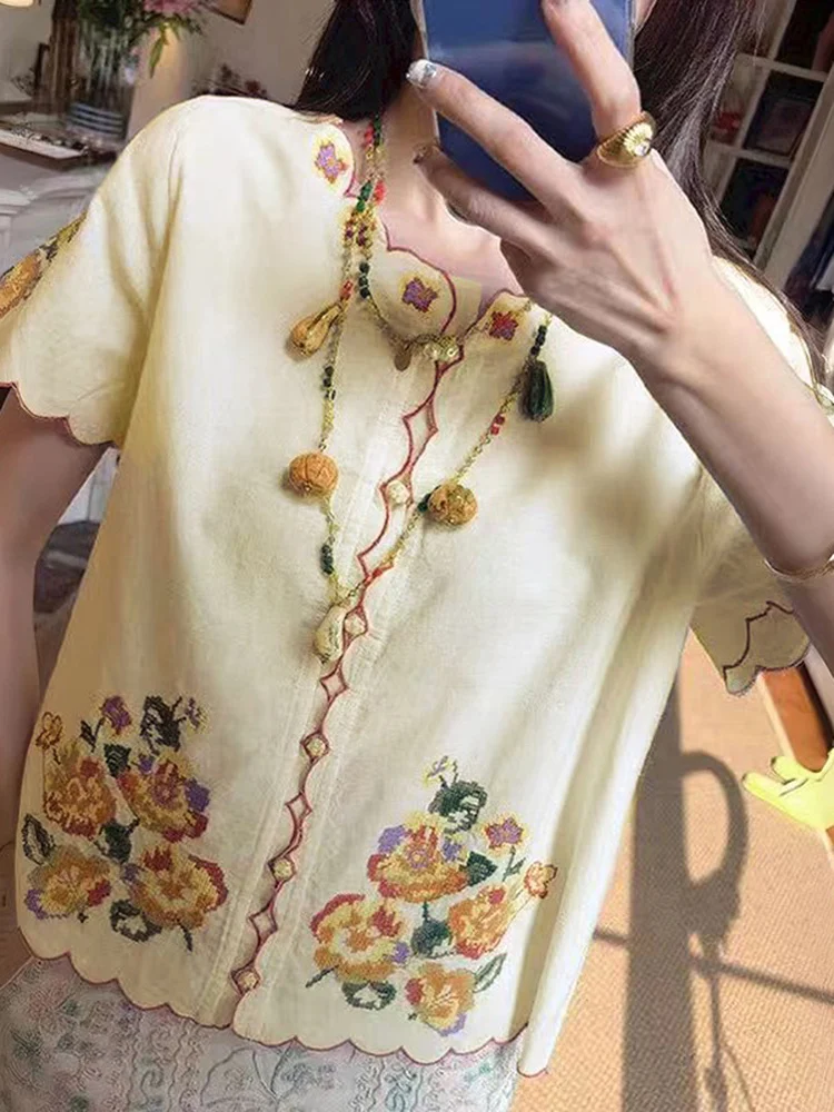 Artistic Style Embroidered Heavy Work Cross Stitch Lock Single Row Buttoned Cotton Linen Blend Short Sleeve Top
Artistic Style Embroidered Heavy Work Cross Stitch Lock Single Row Buttoned Cotton Linen Blend Short Sleeve Top