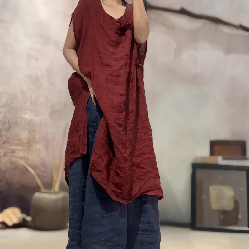 2025 Summer Vintage Chinese Style Long Split TEE Women Sleeveless Vest Femme Plus Size Loose Basic Simple Vintage Dress Clothes
2025 Summer Vintage Chinese Style Long Split TEE Women Sleeveless Vest Femme Plus Size Loose Basic Simple Vintage Dress Clothes