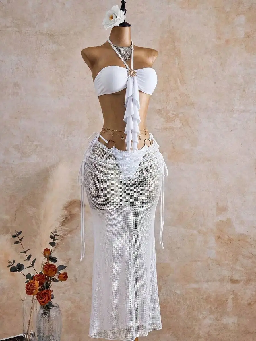 White Halter Tie Bikini Set With Sheer Mesh Maxi Skirt Bohemian Beach Vacation Outfit For Women
White Halter Tie Bikini Set With Sheer Mesh Maxi Skirt Bohemian Beach Vacation Outfit For Women