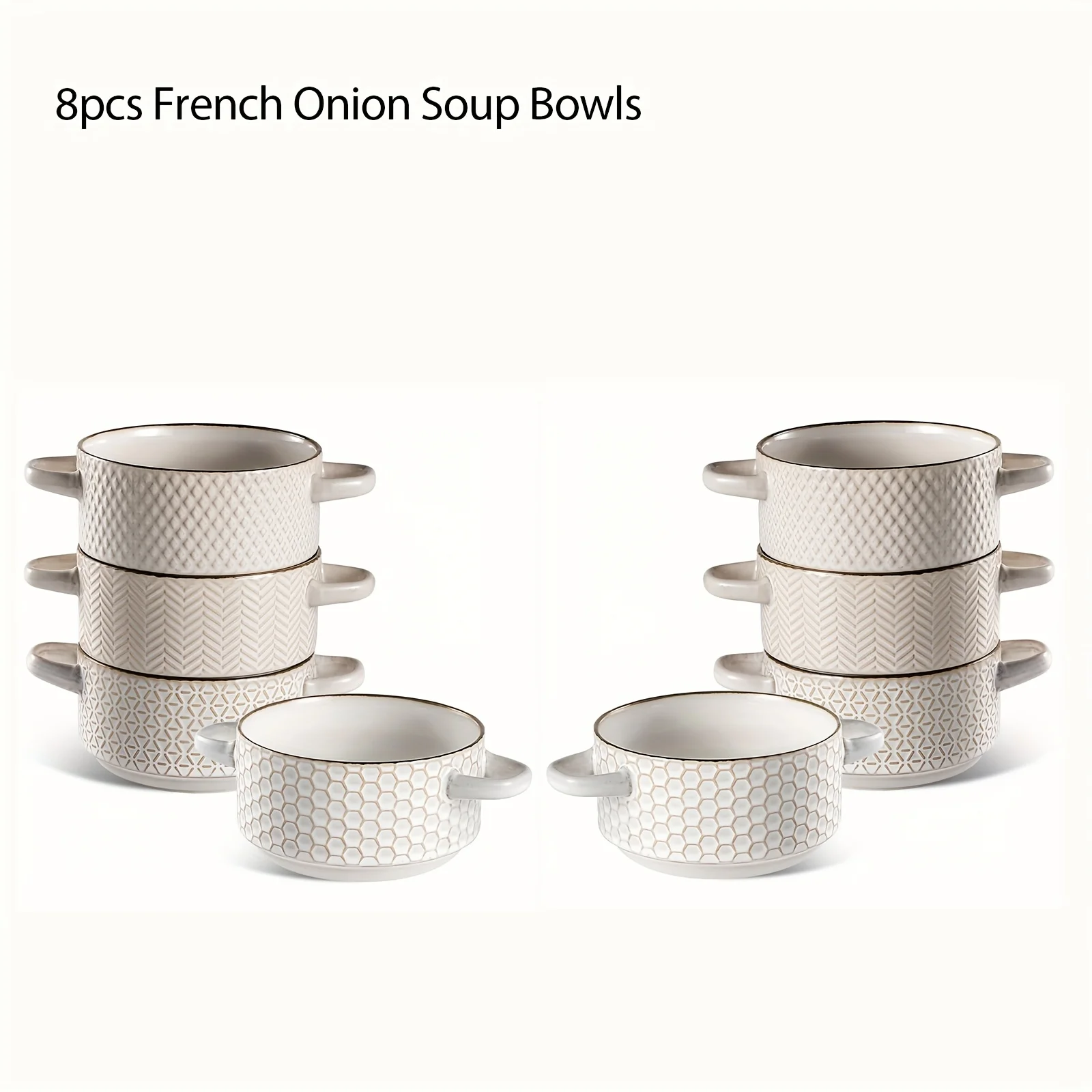 8pcs Ceramic Soup Bowls Set - 27 Oz French Onion Soup Crocks With Handles - Embossed Stoneware Bowls - White
8pcs Ceramic Soup Bowls Set - 27 Oz French Onion Soup Crocks With Handles - Embossed Stoneware Bowls - White