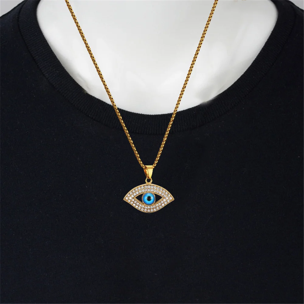Punk Iced Out Turkish Blue Evil Eye Pendant Female Gold Silver Color Stainless Steel Amulet Necklaces for Women Jewelry Gift
Punk Iced Out Turkish Blue Evil Eye Pendant Female Gold Silver Color Stainless Steel Amulet Necklaces for Women Jewelry Gift
