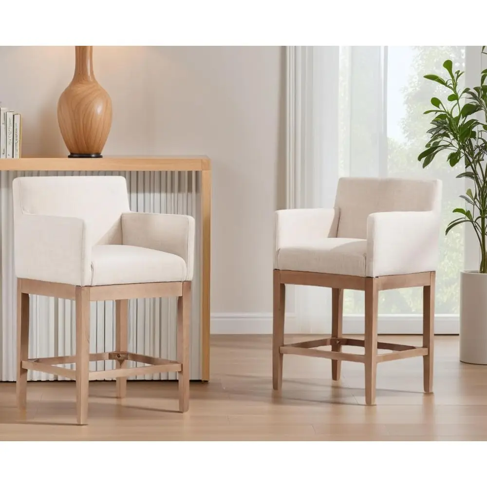 Set of 2 Upholstered Bar Stools with Arms and Back, Solid Wood Frame, Linen Fabric, Beige
Set of 2 Upholstered Bar Stools with Arms and Back, Solid Wood Frame, Linen Fabric, Beige