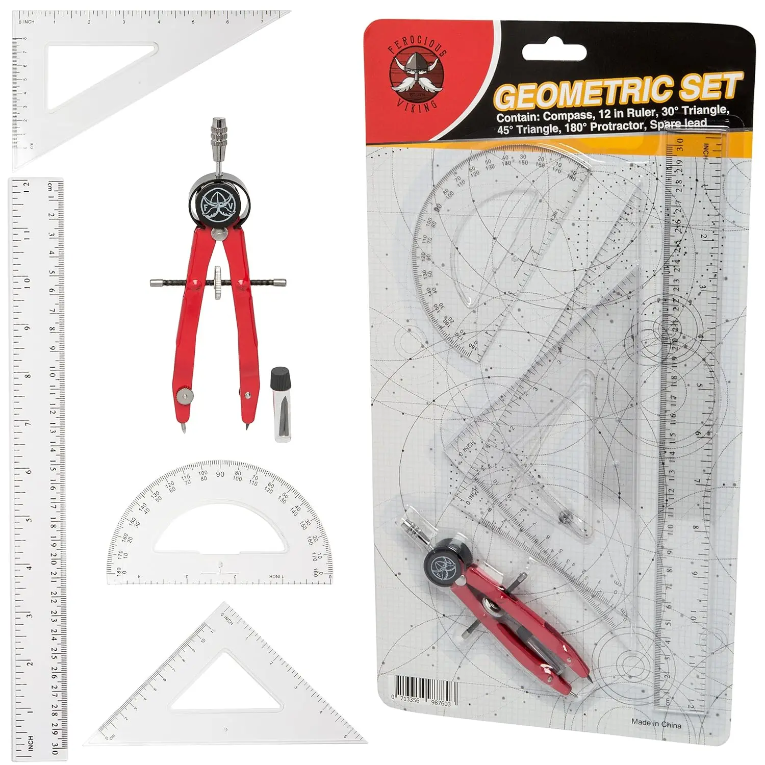 Geometry Set for Kids: Compass, Ruler, Protractor, 2 Set Squares, Metal Compass, 12 Inch Ruler
Geometry Set for Kids: Compass, Ruler, Protractor, 2 Set Squares, Metal Compass, 12 Inch Ruler