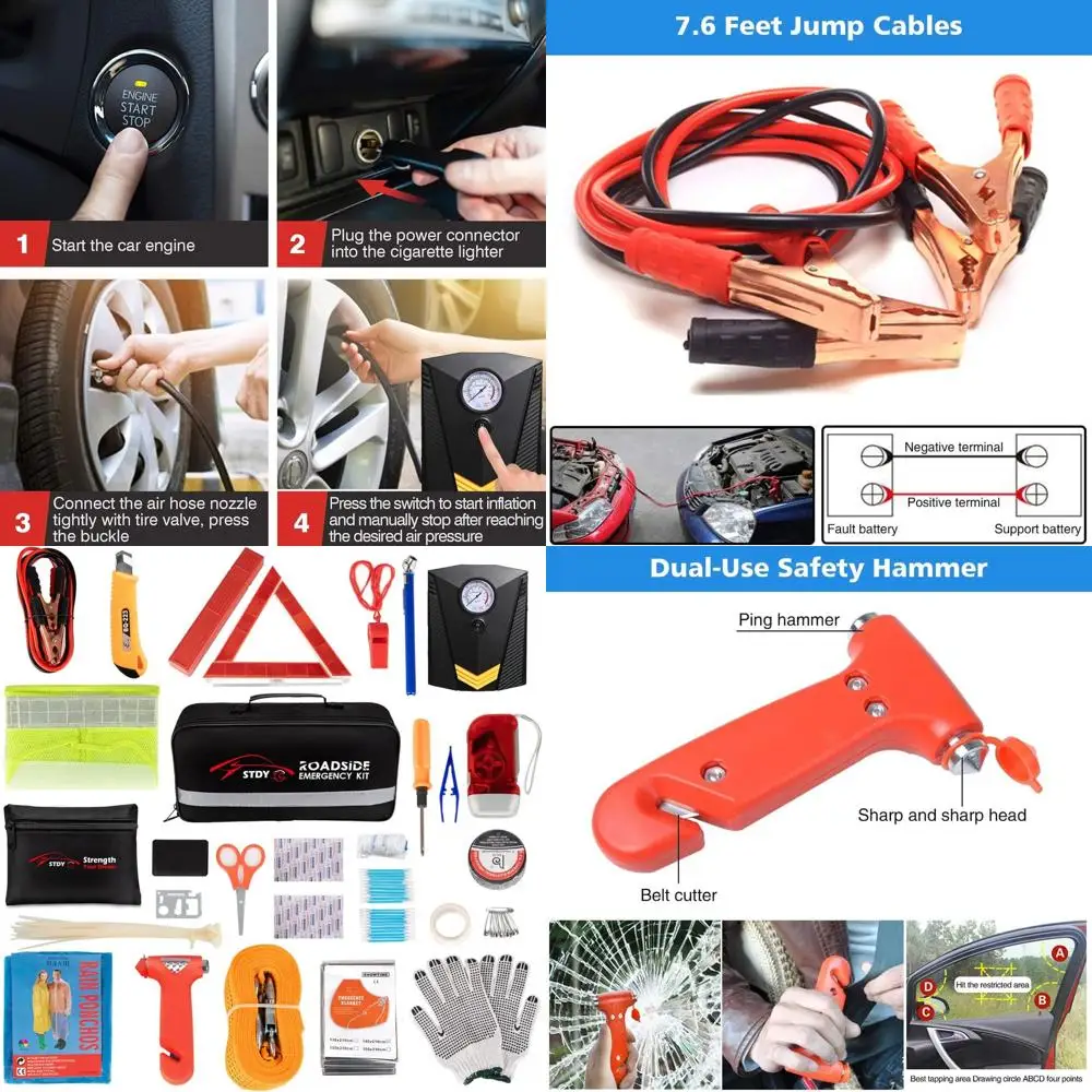 STDY Car Roadside Emergency Kit, Vehicle Truck Safety Road Side Assistance Kits Auto Accessory, with Jumper Cables, Portable Air
STDY Car Roadside Emergency Kit, Vehicle Truck Safety Road Side Assistance Kits Auto Accessory, with Jumper Cables, Portable Air
