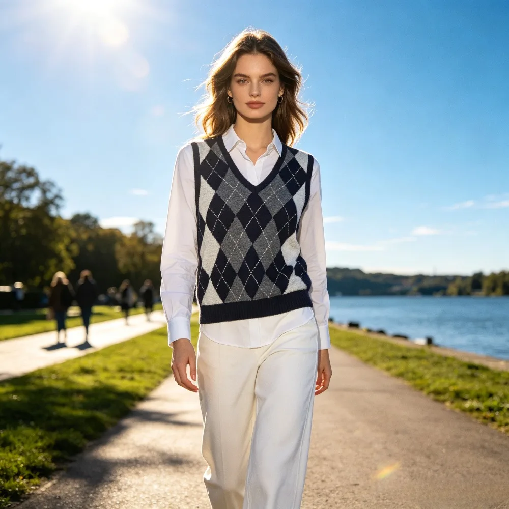 Retro College Rhombus Plaid Knit Vest, V-Neck Sleeveless Top, Women School Uniform Inner Wear for Daily Outfit & Cosplay
Retro College Rhombus Plaid Knit Vest, V-Neck Sleeveless Top, Women School Uniform Inner Wear for Daily Outfit & Cosplay