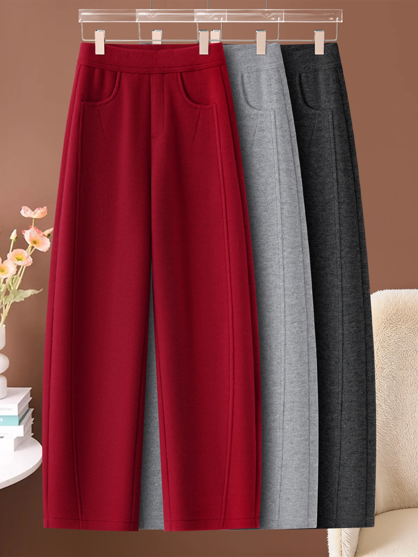 Women's Fleece Lined Thickened Woolen Wide Leg Pants High Waist Elastic Casual Trousers Banana Shape Autumn Winter New Style
Women's Fleece Lined Thickened Woolen Wide Leg Pants High Waist Elastic Casual Trousers Banana Shape Autumn Winter New Style