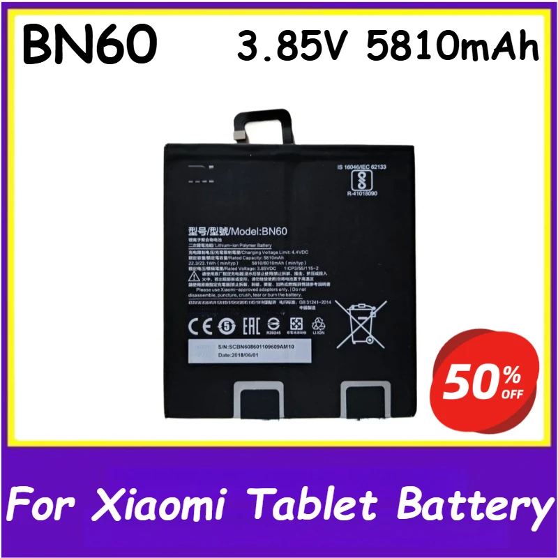 Аккумулятор для планшета 3,85 В, 5810 мАч, BN60 для Xiaomi Pad 4, 7,9-дюймовый сменный аккумулятор, новинка, высокое качество
Аккумулятор для планшета 3,85 В, 5810 мАч, BN60 для Xiaomi Pad 4, 7,9-дюймовый сменный аккумулятор, новинка, высокое качество