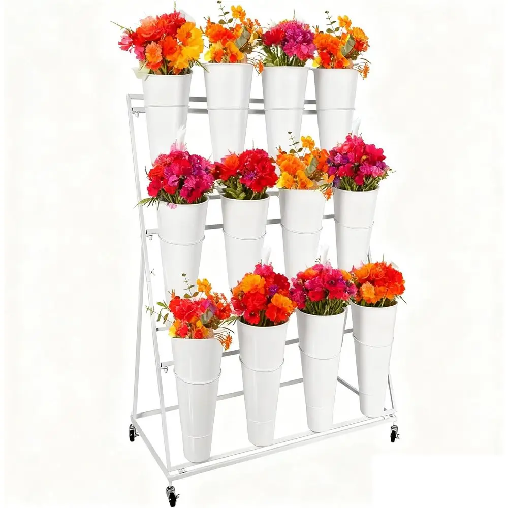 3-Tier Metal Plant Stand Cart with White Buckets for Home, Garden, and Floral Displays
3-Tier Metal Plant Stand Cart with White Buckets for Home, Garden, and Floral Displays