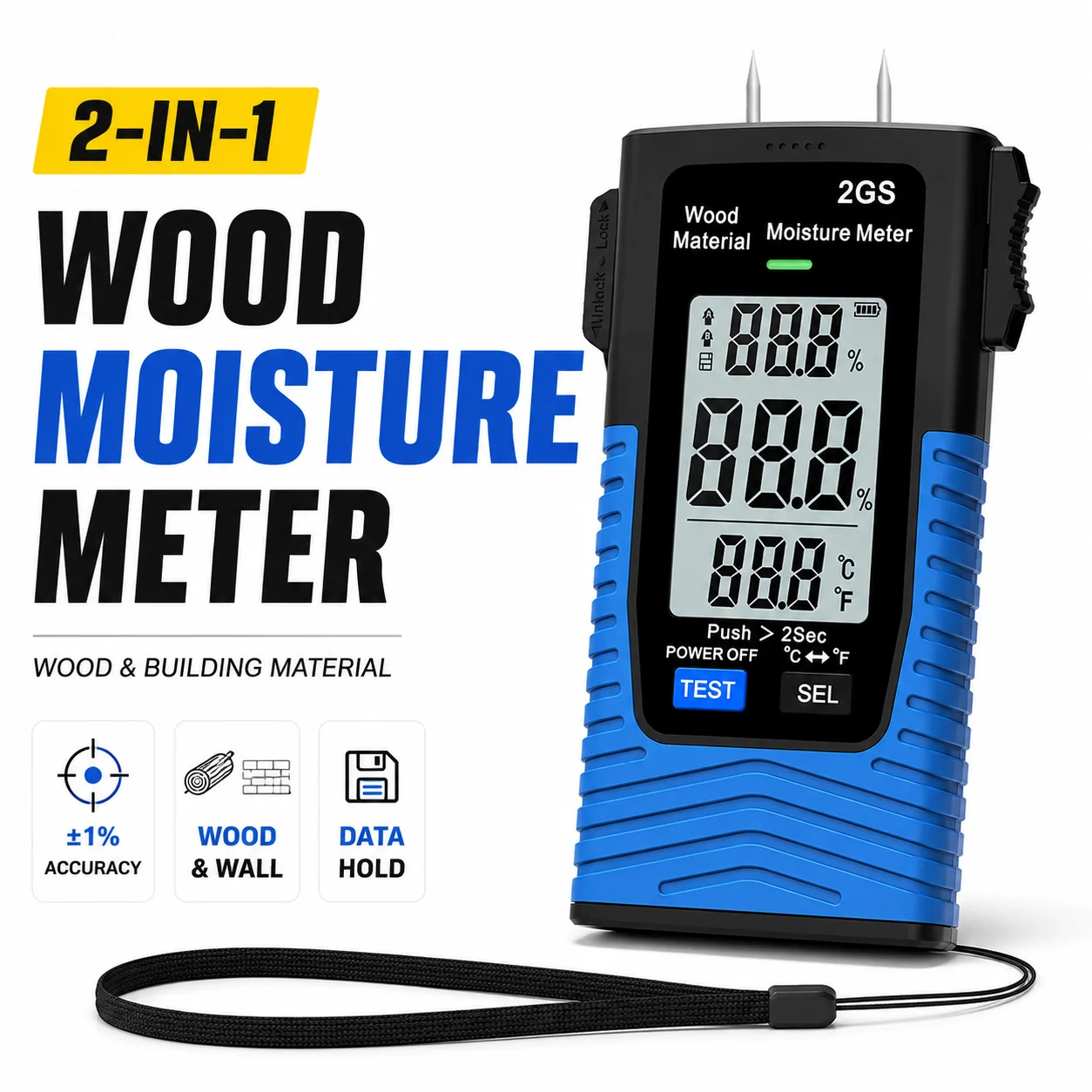 Wood Moisture Meter, Pin Type Moisture Tester with LCD & LED Alert, Dual Mode for Wood (A/B Groups) & Building Material
Wood Moisture Meter, Pin Type Moisture Tester with LCD & LED Alert, Dual Mode for Wood (A/B Groups) & Building Material