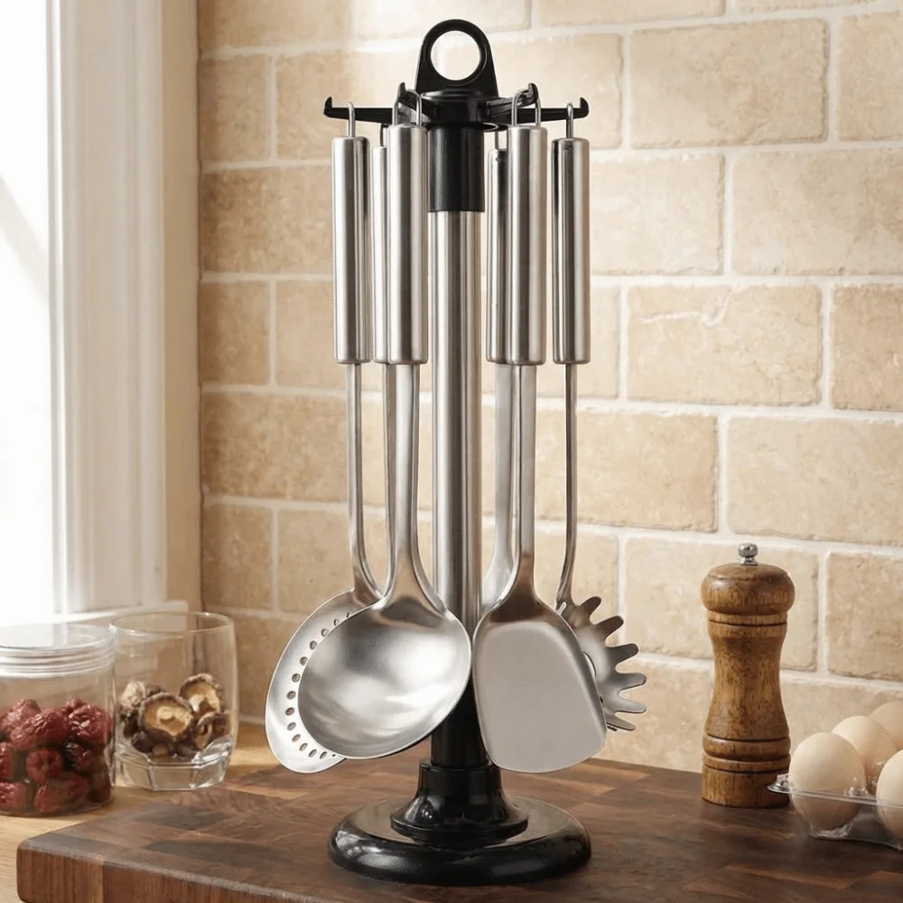Stainless Steel Rotating Utensil Storage Rack Space Saving Stable Spatula Spoon Storage Rack with 6 Hooks Large Capacity
Stainless Steel Rotating Utensil Storage Rack Space Saving Stable Spatula Spoon Storage Rack with 6 Hooks Large Capacity